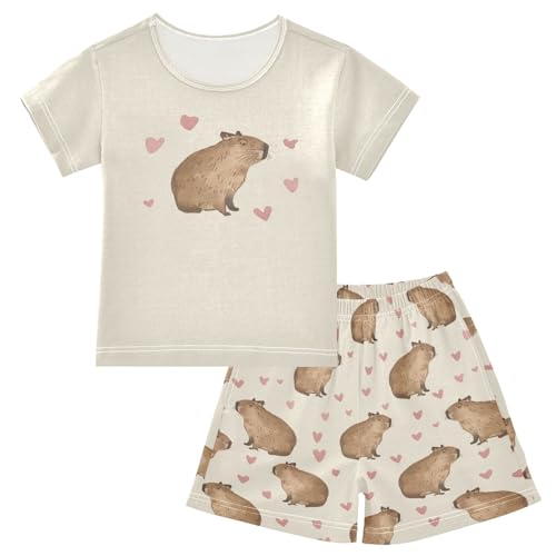 Capybara with Pink Hearts Summer Cute Pajama Sets, Short Sets for Sleep Wears