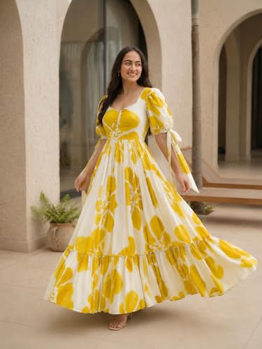 Image of Modestouze Attires Women's Floral Pattern Rayon Blend Maxi Dress with Sweetheart Neck Half Puff Sleeve Floor Length and Zipper Closure Type | Maxi Dress for Women Stylish | Dress for Women