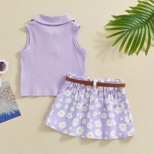 Image of BeQeuewll Toddler Baby Girl Summer Clothes Daisy Flower Girl Outfit Knit Shirt Mini Pleated Skirts Set Outfits for Grils1-4T (Purple, 3-4 Years)
