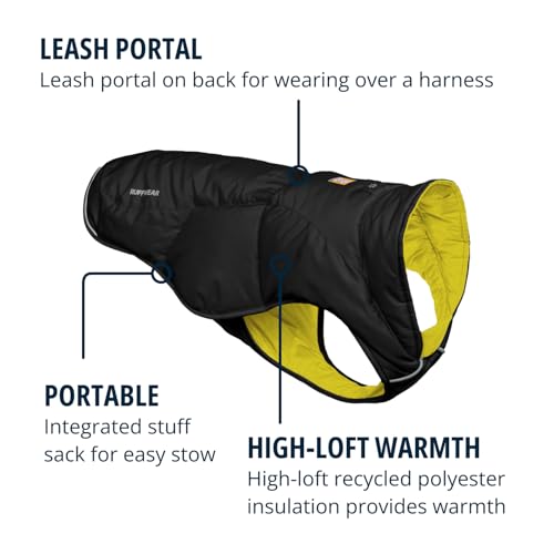 RUFFWEAR Quinzee Regenjacke für kleine Hunde, isolierter Allwetter-Hundemantel, Wasserabweisende Hundejacke, leichte Hundeweste und Tragetasche, Größe S, Obsidianschwarz