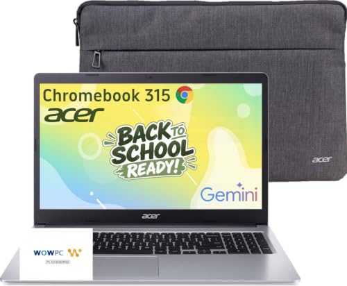 Acer 15.6" FHD Chromebook Laptop, Dual-Core Intel Celeron Processor, 4GB LPDDR4X, 64GB eMMC, Ultra-Fast Wi-Fi 6, 10+ Hours Battery, Fast Charge, ChromeOS with Gemini AI, Sleeve, No Mouse