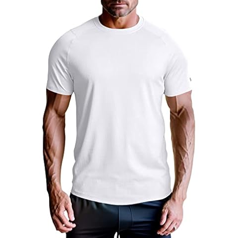 Workout Shirts Men Athletic Fit Quick Dry(White-M) Cover