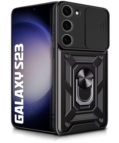 Image of WOW IMAGINE Tough Armor Bumper Mobile Back Case for Samsung Galaxy S23 5G | Sliding Camera Shield Cover | Shock Proof 360 Protection | Hybrid PC + TPU | Ring Holder with Kickstand - Black