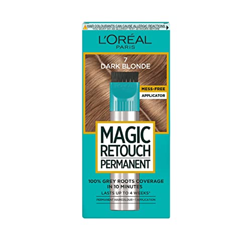 L'Oréal Paris Magic Retouch Permanent Root Concealer, Dark Blonde 7. Offers flawless coverage for grey regrowth. This 75ml solution ensures targeted, quick, and easy application for lasting results.