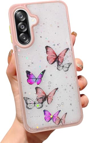 Image of VONZEE for Samsung Galaxy A36 5G Clear Glitter Butterfly Case, Cute Bling Sparkle Shiny Soft Silicone TPU Bumper Shockproof Women Girls Slim Protective Phone Cover for Galaxy A36 5G, Pink