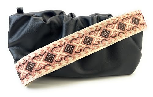 Image of Ivory Brown Boho Diamond Purse Strap with Silver Hardware 2 Inch Wide Replacement Crossbody Guitar Style Shoulder Strap for Handbags Totes