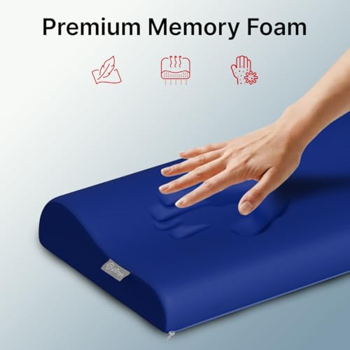 Image of pTron Ergova O2 100% Memory Foam Cervical Neck Pillow, Improves Posture, Spinal Alignment, Neck Pain Relief Cushion, Queen Size 19x11x3.5 inch, Breathable & Washable Zip Cover (Blue)