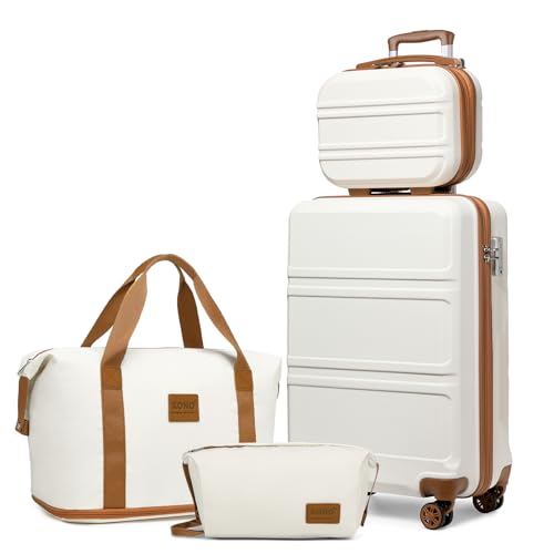 KONO Reisekoffer Set Gepäcksets 4 Teilig Kofferset, 55cm Handgepäck mit Beautycase Kosmetikkoffe mit handgepäck Reisetasche mit Kulturbeutel (Creme Weiß)