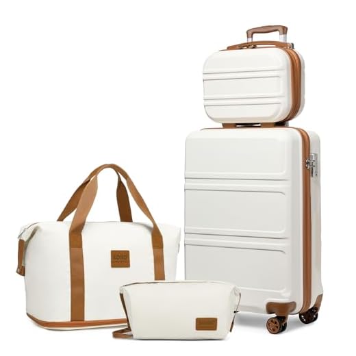 Kono Set de 4 Valises de Voyage Rigide Bagage Cabine 55cm avec Portable Vanity Case et Pliable Sac de Voyage pour Sport avec Trousse de Maquillage, Blanc Crème