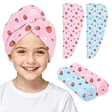 Microfiber Hair Towel Wrap for Kids 2 Pack Quick Drying Hair Towels with Button Hair Turbans for Wet Hair Absorbent Quick Dry Wraps Head Towel Wrap for Women and Girls, Pink Blue Strawberry
