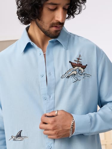 The Souled Store Store The Souled Store Cotton Linen Waves Sky Blue - Image 3