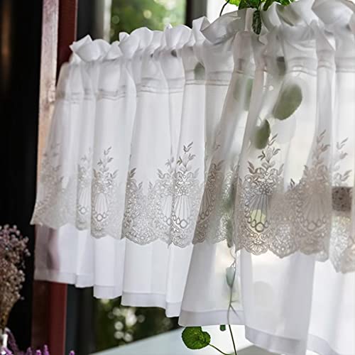 カフェカーテン 60cm丈 レース 姫系 小窓用 カーテン おしゃれ 刺繍 北欧 小窓カーテン オーダー 間仕切り フリル 突っ張り棒通し 目隠し 収納棚 小窓 キッチン 喫茶店 洗面所 出窓 模様替え 新生活 ホワイト 100cm巾*60cm丈 唐土工房 [2]