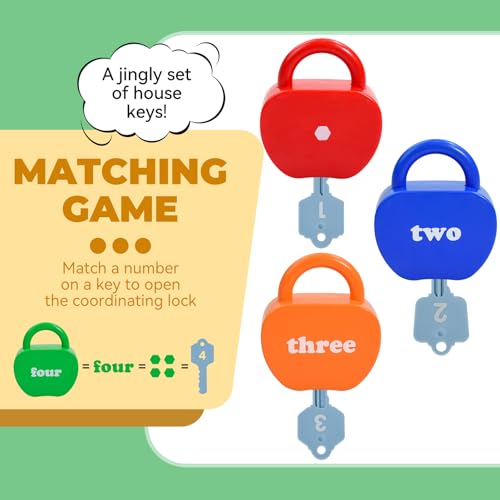 Image of GEERAY Cause and Effect Toys for Toddlers 3 4 5, Montessori Lock & Key Set with 5 Apple-Shaped Locks, Keys & 10 Cards - Numbers Matching & Counting, Preschool Learning Games Gifts