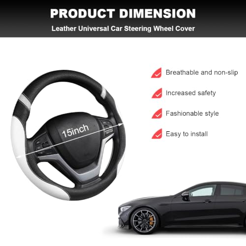 Image of Car Steering Wheel Cover, 15 Inch Premium Leather Breathable Non-Slip Wheels Wrap, Universal Auto Comfortable Steering Wheel Protector for SUV Truck Van, Car Accessories (White)