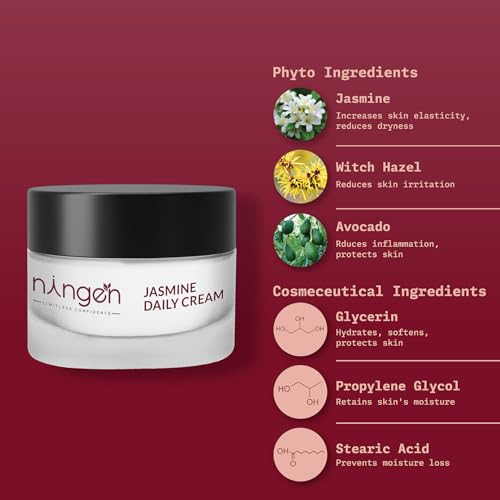 Ningen Jasmine Daily Cream I Infused with Witch Hazel, Avocado, Lily Extracts I Dermatologically Tested, Paraben Free I For Brighter, Fuller and Softer Skin I 50g - Image 2 thumbnail