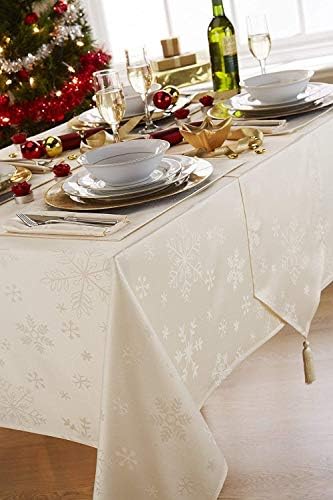 Blizzard Snowflake Cream Christmas (Xmas) Rectangular Tablecloth Ideal For 4-8 Place Settings (52x90in-132x228cm Approx)