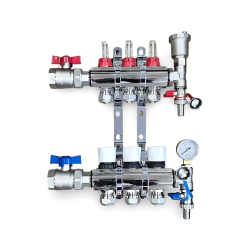 Wärmer System 3 Port Underfloor Heating Complete Manifold with Pipe Connections, Ball Valves, Automatic Air Vent and Pressure Gauge End Unit (16mm eurocones)