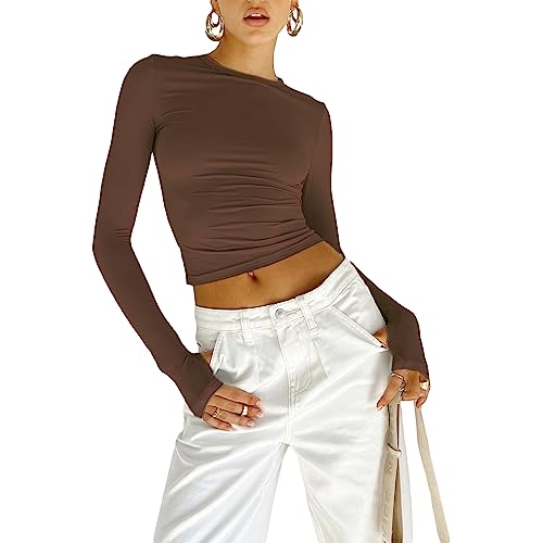 Image of M9ppzzur7 Women 's Rib Knit Slim Fitting Top Cropped T-Shirt Solid Color Front Button Long Sleeve Round Neck Bodycon Sweater Tee Clothes (D#Brown, S)