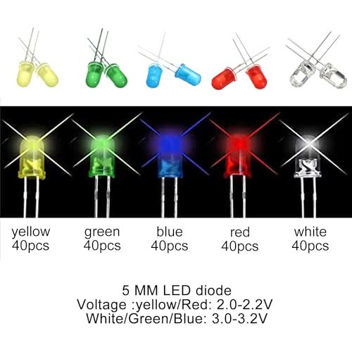 AQSQWQ 200 Stück LED Leuchtdiode, 5mm LED Dioden 3V Leuchtdiode sortiment Kit 5 Farben Rot Blau Gelb Grün Weiß Rundkopf 2 Pin Extra Hell LED Licht, Diffus Dioden Set (40pcs Jede Farbe)