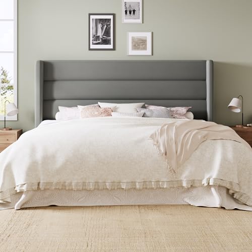 Image of Allewie King Size Platform Bed Frame with Velvet Upholstered Wingback Headboard, No Box Spring Needed, Under Bed Storage Space, Strong Wooden Slats, Modern Mattress Foundation, Easy Assembly, Grey