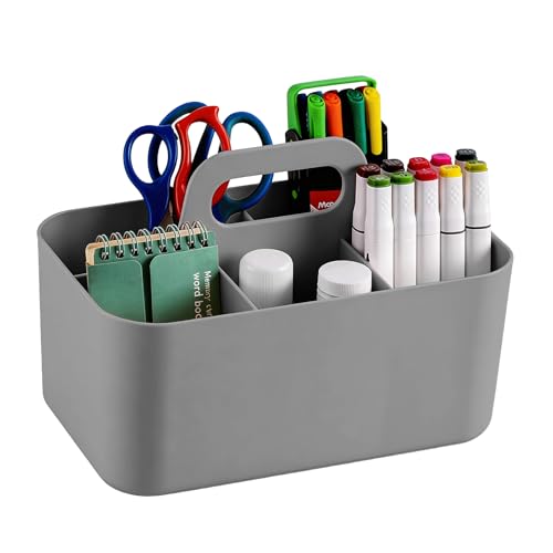 Veebmys Panier Organisateur 5 Compartiments avec Poignée – en Plastique Résistant pour Télécommande, Outils, Cosmétiques – Idéal pour Salle de Bain, Bureau, École (Gris)