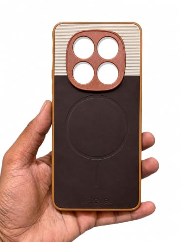 Image of Bintage Mac Safe Design Hard Slim Back Case | Soft Border Camera Protect | Dual PU Leather Finish Back Cover Compatible for REDMI Note 14 Pro 5G - White & Cherry Brown