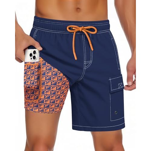Men Swim Trunks with Compression Liner Quick Dry Breathable Multi Pockets for Summer Beach Cruise Water Park Medium Peacock Navy