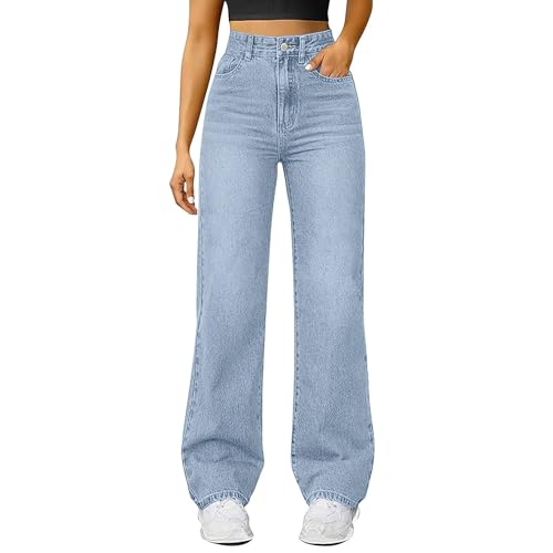 Damen Straight Leg Jeans Baggy Lang Weites Bein Jeanshosen High Waist Leichter Oversize Denimhose mit Knopfleiste Taschen Loose Warm Freizeithose Passform für Wandern (BU2, M) Damen Straight Leg Jeans Baggy Lang Weites Bein Jeanshosen High Waist Leichter Oversize Denimhose mit Knopfleiste Taschen Loose Warm Freizeithose Passform für Wandern (BU2, M)