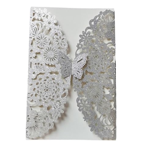 Tarjetas de invitación boda mariposa en purpurina plata con sobres, papelería fina para enlaces