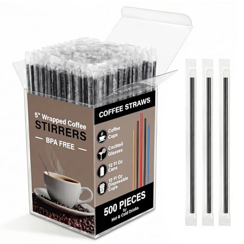 FAONIE 500 Pcs Individually Wrapped Coffee Stirrers, Straws (Black, 5 in)