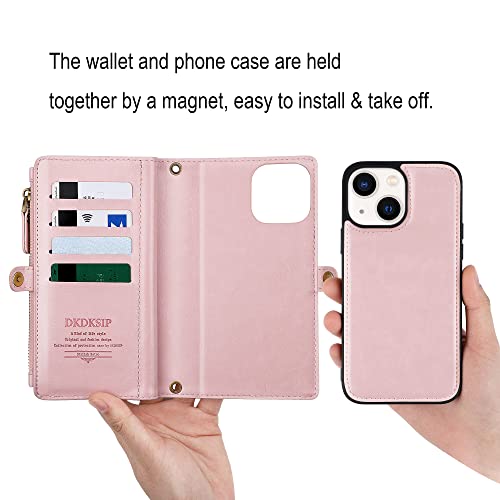 Dkdksip Wallet Case For Iphone 13 5G (6.1 Inch), Rfid Blocking 2 In 1 Detachable Folio Flip Magnetic Cover, Pu Leather Zipper Purse With Crossbody Wristlet Strap Card Holder For Iphone 13, Pink #TOP3