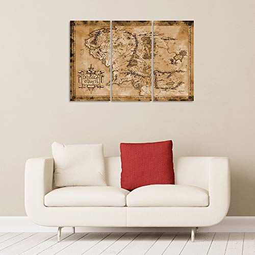 Eavuty Vintage Movie Map Poster Prints Wall Art Decor 3 Panels Map Of Middle Earth Canvas Painting Home Wall Posters For Living Room Bedroom Office Decorative Pictures Framed 24"X36" #TOP5