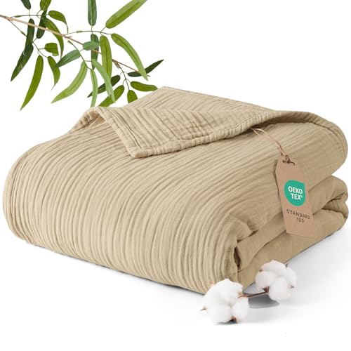 PHF Kühlende Musselindecke 220x240cm leichte und atmungsaktive Sommerdecke 4-lagige weiche Baumwolldecke aus 40% Baumwolle und 60% Bambus-Viskose ideal für warme Schläfer Hellkaki