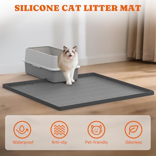 Pawtners Cat Litter Mat, Large 34" x 22" Litter Box Mat, Easy to Clean Cat Litter Box Mat, Non-Slip Kitty Litter Mat for Floor, Waterproof & Urine-Proof Cat Litter Mat Litter Trapping Mat, Gray — view 2