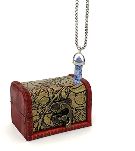 Sodalite Natural Healing Crystal Pendant Necklace On 22" Stainless Steel Chain With Decorative Wooden Box Container #TOP1