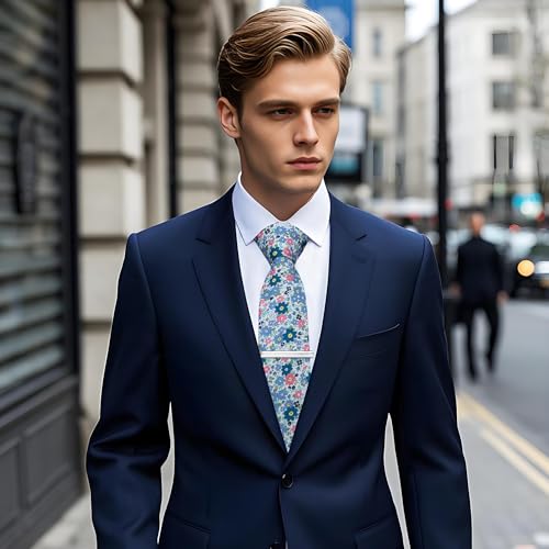 Image of YourTies Cotton Floral Tie for Men 2.5 inch Printed Skinny Necktie Pocket Square Tie Clip Set Flower Wedding Party Groom