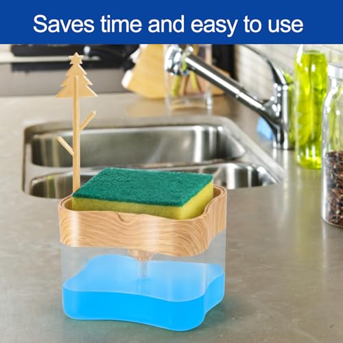 Image of Innovative Bambo Style Dish Soap Dispenser for Kitchen Sink with Sponge Holder, 13 oz Refillable Kitchen Soap Dispenser, Countertop Soap Pump for Dishwashing Liquid, Kitchen Sink Organizer