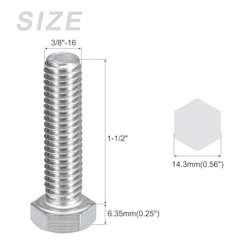 Image of METALLIXITY Hex Head Bolts (3 /8-16 x 1-1 /2 inch) 25Pcs, 304 Stainless Steel 18-8, Fully Threaded, External Hex Drive, Plain Finish, Hex Head Screw Bolt, Silver