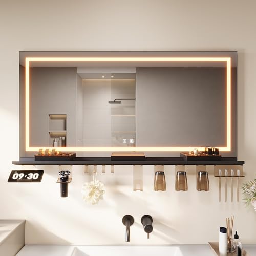 SONNI LED Badspiegel mit Ablage 120x60 cm, Touch Badezimmerspiegel mit 3 Lichtfarben, Anti-Beschlag, Ambiente-Zusatzbeleuchtung