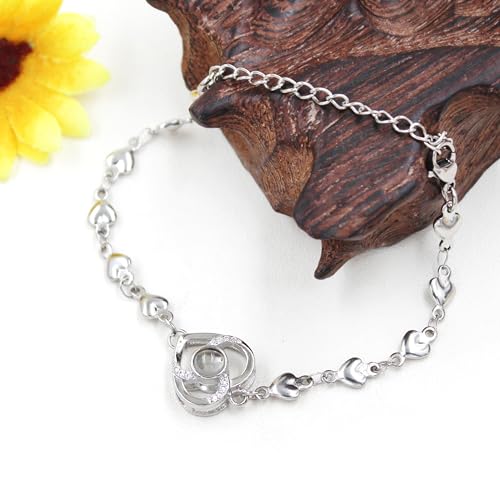 Image of Uloveido Cute Stainless Steel Heart Link Chain Bracelet | 100 Different Languages I Love You Projection Bracelets for Women Girls