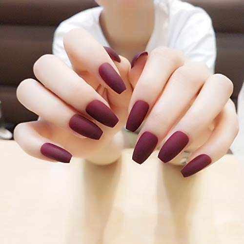 24 pcs Nails tips & 1 pcs sticker for free Fake nail Wine red fleshy matte fake nails finished glue ballet manicure coffin nails matte