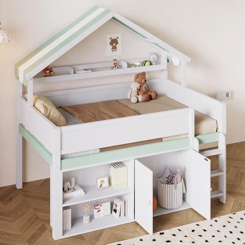 Image of Full Size House Loft Bed with Canopy Roof and Storage, Perfect for Kids' Bedroom, Sleepovers & Organized Living (White+Green)