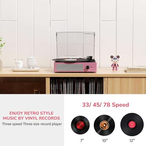 Image of Record Player with Speakers Belt-Driven Vintage Turntables 3 Speed 3 Size Wireless Bluetooth Playback AUX-in RCA Out Headphone LP Vinyl Players Auto Stop Purple Pink