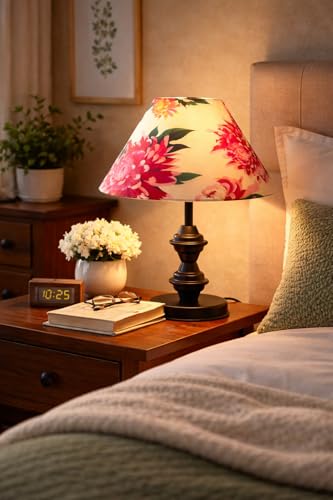 Image of tu casa Modern Table Lamp with Crimson Floral Satin Shade | Metal Iron Base Decorative lamp for Living Room| Study & Home Decor, Designer Table Lamp for Gifting (Ivory Daisy)