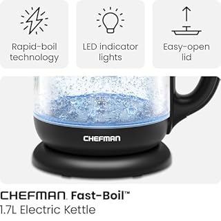 Chefman 1.7 Liter Electric Glass Tea Kettle, Fast Hot Water Boiler, One Touch Operation, Boils 7 Cups, Swivel Base & Cordless Pouring, Auto Shut-Off