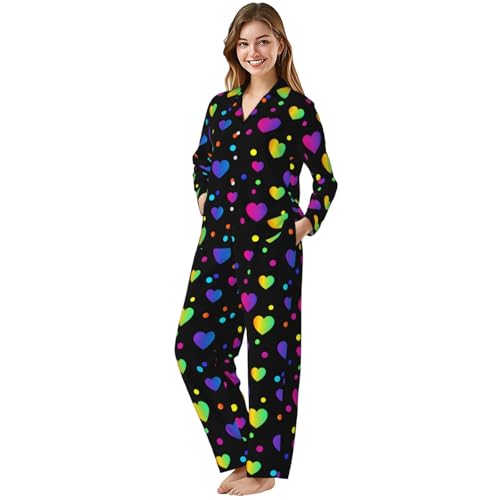 Image of Women'S Long Sleeve Pajama Set Soft Loungewear Button-Down Top & Elastic Waist Pants S- 2XL