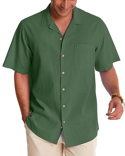 Image of Alimens & Gentle Mens Linen Shirts Cotton Hawaiian Shirts Short Sleeve Button Down Shirts Casual Summer Beach Tops