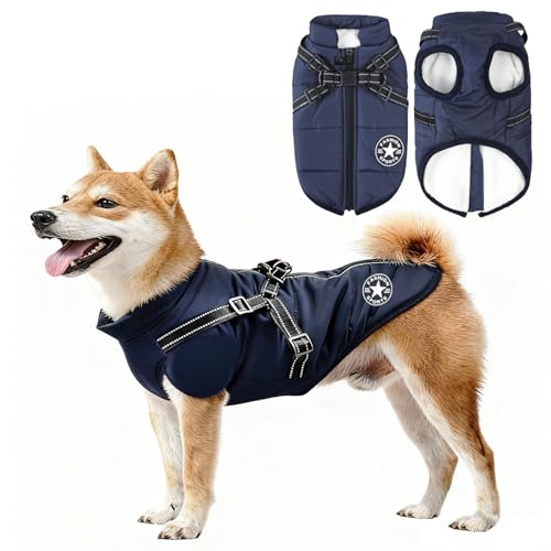 Abrigo Invierno Perro, Abrigo para Perro con arnés, Chaqueta de Invierno para Perros, Abr-igo Impermeable para per-Ros, para Medianos Grande Perros (Azul)