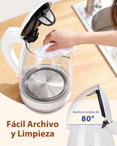 Miniatura 7 de Aigostar Hervidor Agua Electrico Blanco 1,7 Litros - Hervido Rápido Electric Kettle 2200w, Iluminación Led, Vidrio De Borosilicato, Libre De Bpa, Filtro Anti-Cal, Apagado Automático