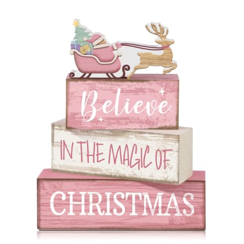 Moucuny 4 Pcs Christmas Table Decoration Pink Santa Sleigh Stacked Wooden Sign Decor Christmas Tiered Tray Decor Decorative Santa Claus Elk Block Sign Gift Farmhouse Xmas Centerpiece for Home Kitchen